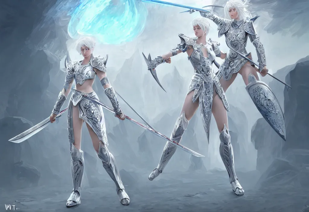 Prompt: white hair knights of zodiac girl matt white ice color armor, dueling, kickboxing, battle stance, wielding sci - fi melee weapons in ruined agora of athens sunrise, intricate and elegant, highly detailed, digital painting, artstation, concept art, smooth and sharp focus, illustration, art by tian zi and wlop and alphonse mucha