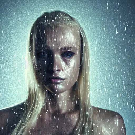 Image similar to a beautiful blond girl with human face and cybernetic body, standing on top of a pile of sculls, pretty face, perfect face, fine details, heavy rain, 8 k, shallow depth of field, moody lighting, cinematic lighting,