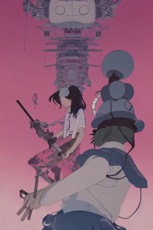 Image similar to Artwork by James Jean, Phil noto and hiyao Miyazaki; a young Japanese future samurai police girl named Yoshimi battles an enormous looming evil natured carnivorous pink robot on the streets of Tokyo; Japanese shops and neon signage; crowds of people running; Art work by studio ghibli, Phil noto and James Jean