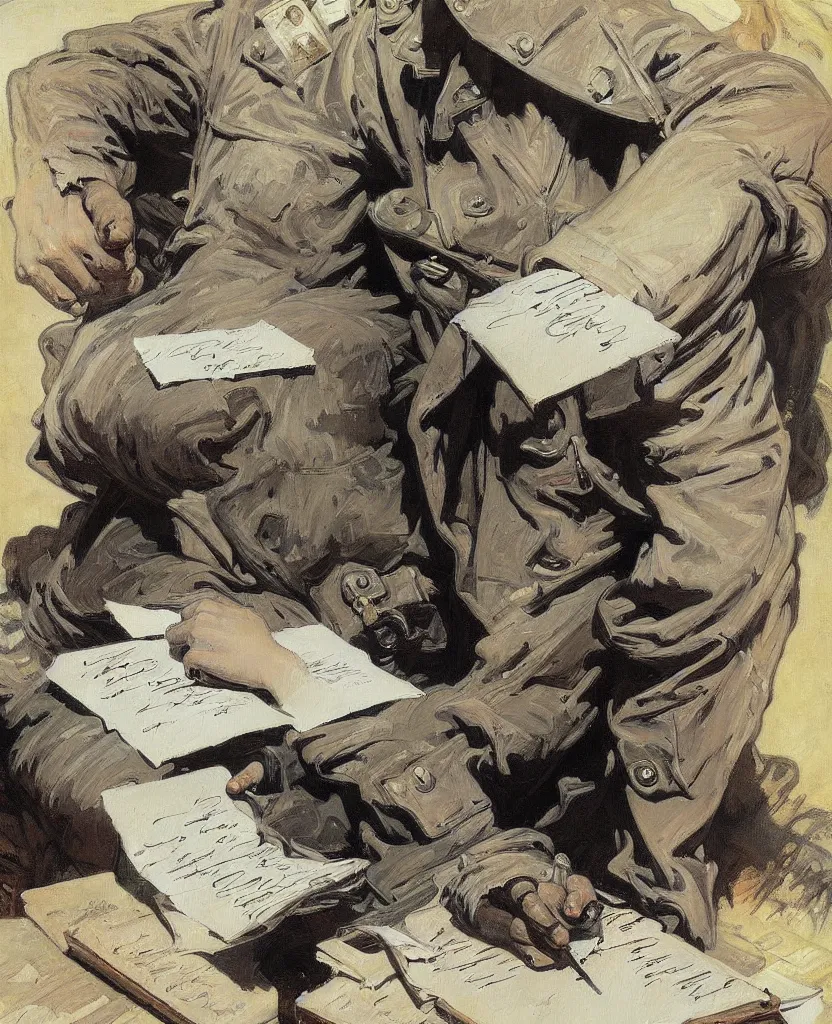 Image similar to a painting of lots of words in a hand written letter by a soldier in el alamein battle, wwii, black and white, jeremy mann, alphonse mucha