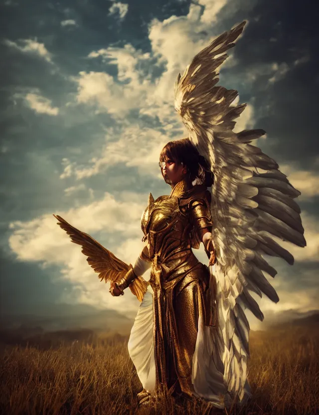 Prompt: Portrait of a fierce beautiful woman in angelic battle armor and wings, among the clouds, golden hour photography, cinematic, epic, 4k, stylized, realism