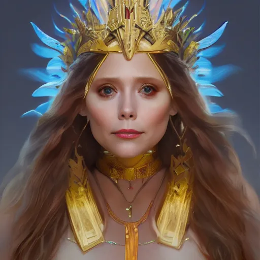 Prompt: elizabeth olsen as the goddess of luck!!!!!!, golden ratio!!!!!, centered, trending on artstation, 8 k quality, cgsociety contest winner, artstation hd, artstation hq, luminous lighting