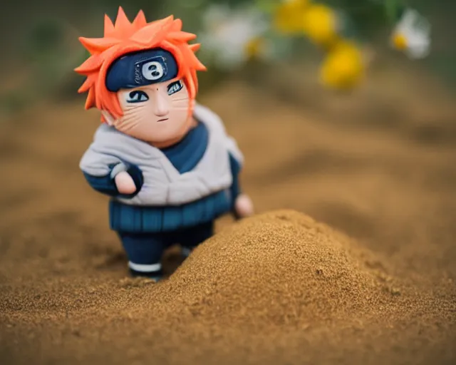 Image similar to 8 5 mm food photography of naruto made of sand near a garden with dof and bokeh and flowers o