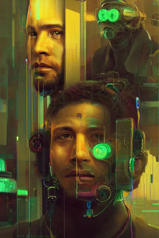 Image similar to A portrait of the Techgnosis author Erik Davis as a cyberpunk, iridescent highlights, background of digital greebles, highly detailed, intricate, soft, sci-fi, sharp focus, glowing lines, art by Ruan Jia and Moebius