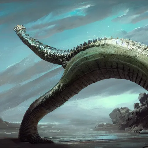 Image similar to a dying beached sea serpent washing up on the shore of a beach concept art by jaime jones, cgsociety, fantasy art, concept art, artstation hd, deviantart hd. masterpiece