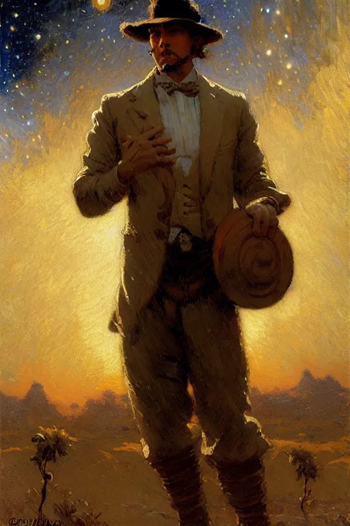 Prompt: attractive male playing pinao, starry night, painting by gaston bussiere, craig mullins, j. c. leyendecker