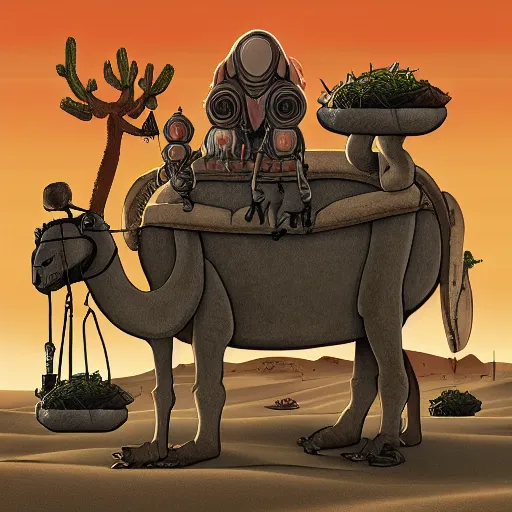 Prompt: several stoner merchants in robes with integrated bong gas mask appliances, trucking bales of herbs across an alien desert with camel-like creatures in tow. Album art by Arik Roper