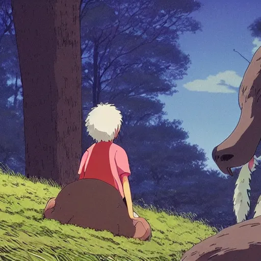 Prompt: guy and friendly creature looking at each other, made by Studio Ghibli detailed art, beautiful scene, , sharp focus, smooth,