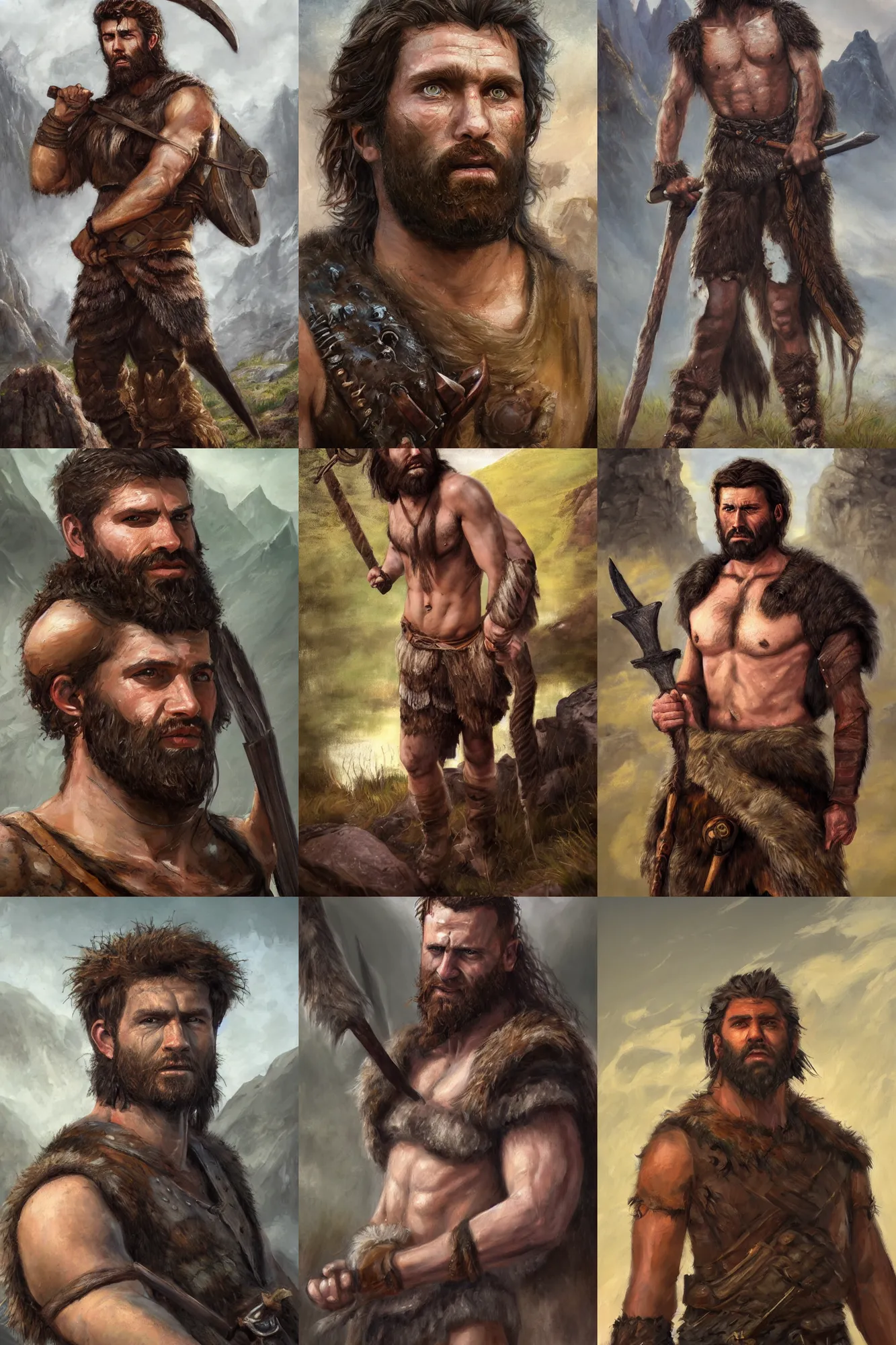 Prompt: a full body high detail fantasy portrait oil painting illustration of a single young handsome rugged stoic barbarian man by Justin Sweet with face and body clearly visible, in a scenic background, pupils visible, realistic proportions, d&d, rpg, forgotten realms, artstation trending, high quality, sombre mood, artstation trending, muted colours, no crop, entire person visible!, natural light, Adobe Photoshop, Adobe Lightroom, photolab, Affinity Photo,