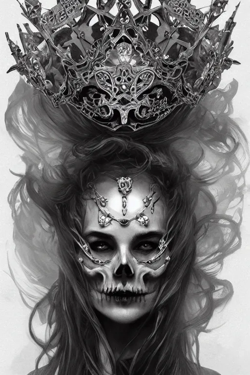 Image similar to skull queen with an origami crown, hints of silver jewelry, gothic, eerie, intricate detail, dramatic lighting, mist, grey, 4k, fantasy, intricate, very very beautiful, elegant, highly detailed, digital painting, artstation, concept art, smooth, sharp focus, illustration, art by artgerm and greg rutkowski and alphonse mucha