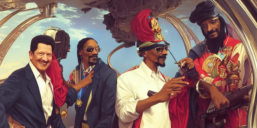 Image similar to hugo chavez and snoop dog inside a private jet, smoking, intricate, elegant, highly detailed, digital painting, artstation, concept art, smooth, sharp focus, illustration, art by artgerm and greg rutkowski and alphonse mucha and william - adolphe bouguereau