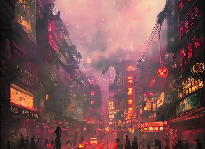 Image similar to anime illustration of 1 9 2 0 s hong kong at night lit by the stars, wispy smoke, highly detailed face, very intricate, symmetrical, cinematic lighting, award - winning, painted by wong kar - wai and mandy jurgens and peter doig, dystopian, bold colors, dark vibes, featured on artstation