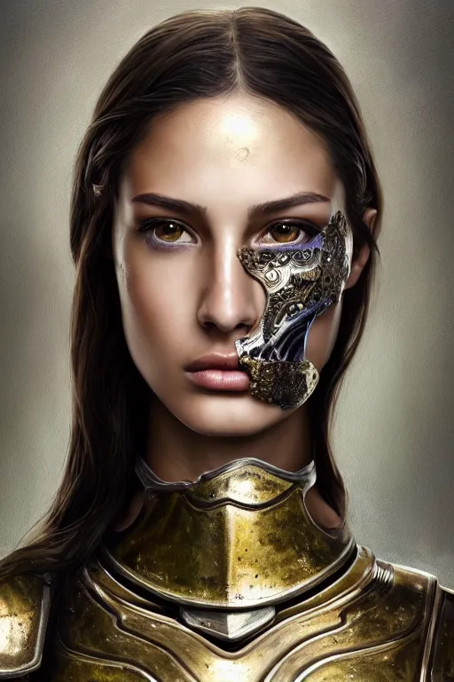 brown-okapi126: photo of female warrior(Jessica Alba Look Glamour hot)(28  years old) in skimpy metallic armor, detailed face, look beautiful, wear,  warrior metal suit, look like warrior, full body view, belly show, belly