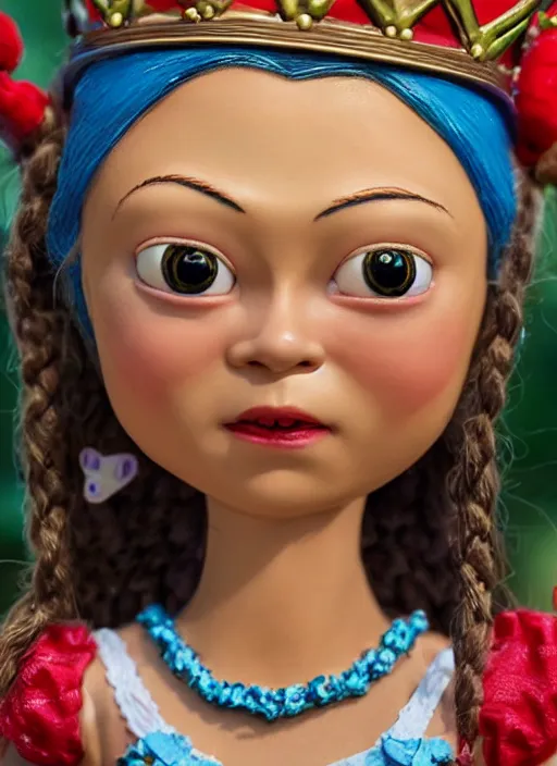 Image similar to closeup face profile portrait of tin toy greta thunberg as a bikini model princess wearing a crown eating cakes, depth of field, zeiss lens, detailed, symmetrical, centered, fashion photoshoot, by nicoletta ceccoli, mark ryden, lostfish, breathtaking, 8 k resolution, extremely detailed, beautiful, establishing shot, artistic, hyperrealistic, octane render