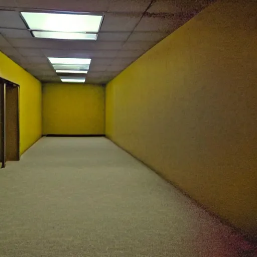 Prompt: flash low quality photograph of the backrooms, mustard - yellow old moldy moist carpet room, empty liminal space, very dark shadows, broken fluorescent lighting, horror movie scene, film grain