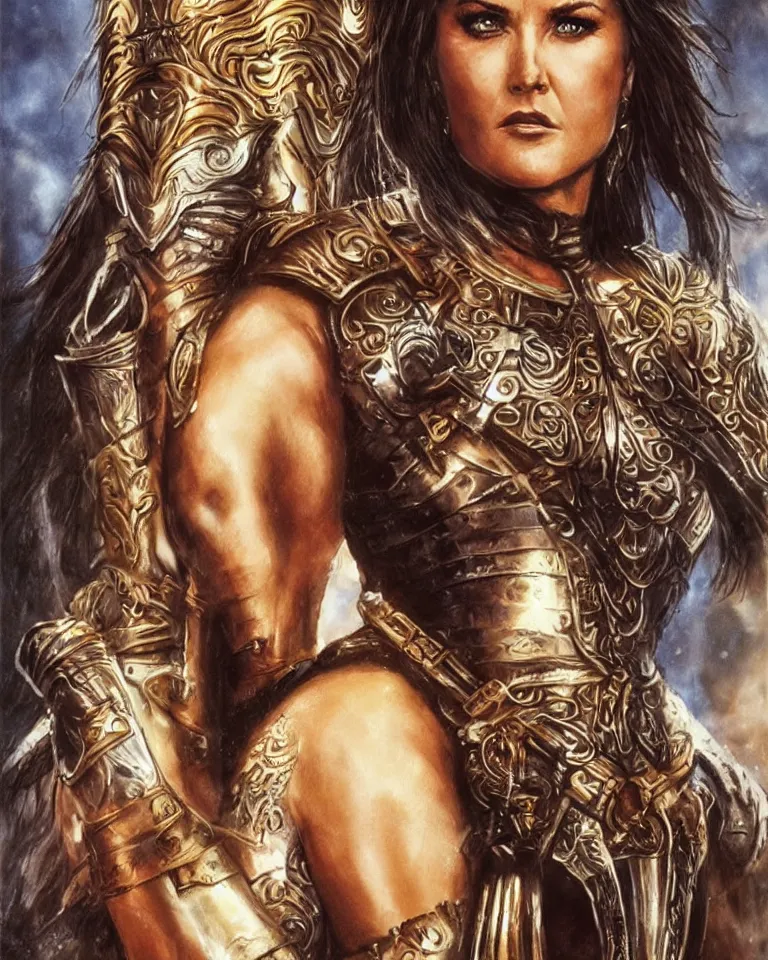 Image similar to a young lucy lawless as xena warrior princess as an amazon warrior, a tall beautiful woman with brown skin and long hair, dressed in hellenistic body armor, intricate, elegant, highly detailed, smooth, sharp focus, detailed face, art by ardian syaf