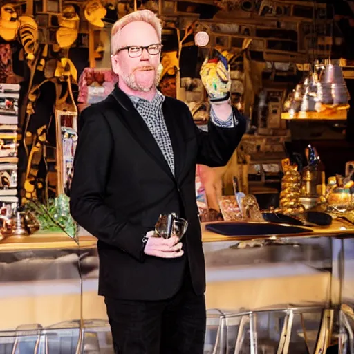 Image similar to adam savage in a fancy suit by a upscale party