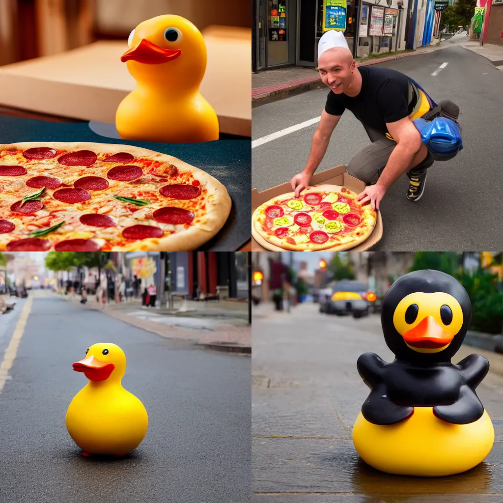 Prompt: rubber duck delivering a pizza 4K photo