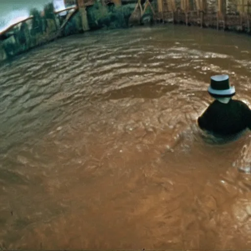 Prompt: grainy security cam footage still of Augustus Gloop in the chocolate river, movie still from Willy Wonka and his Chocolate Factory, extreme wide angle