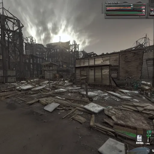 Prompt: post - apocalyptic trading hub viewed from first - person