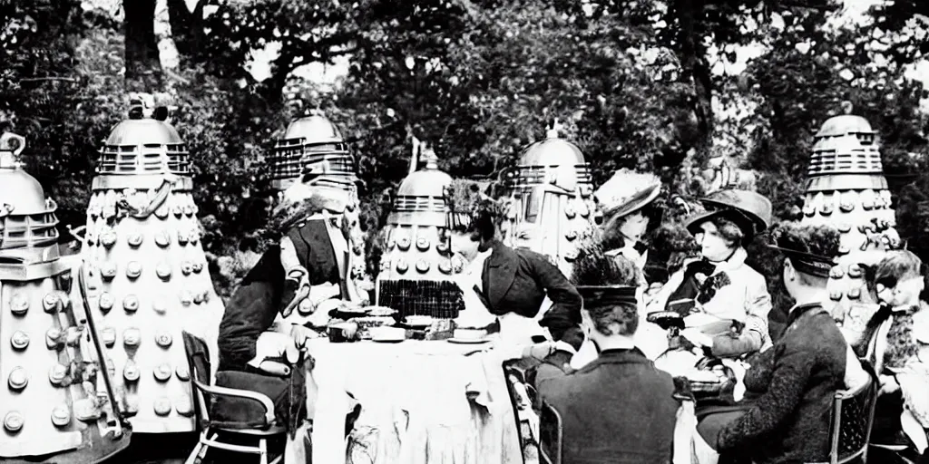 Prompt: Daleks attending a Victorian era tea party.