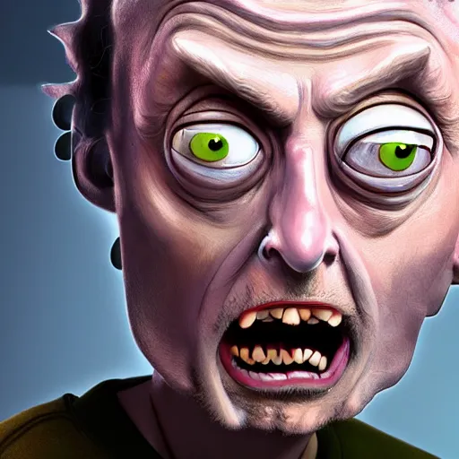 Prompt: realistic rick and morty, human form, portrait, photorealistic