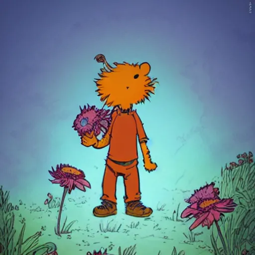 Image similar to portrait of watterson's hobbes, smiling with flowers in hands. sharp focus, cinematic pose, cinematic lighting, unreal engine render. art by josan gonzales and moebius and deathburger.