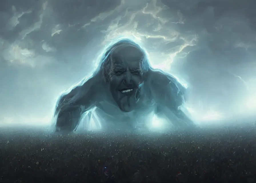 Prompt: large abstract painting of giant grinning evil dynamic Joe Biden head emerging from cosmic clouds at giant immense crowd of person army, trending on ArtStation, masterpiece, by Greg Rutkowski, by Ross Tran, by Fenghua Zhong, octane, lightbeam eyes, oil on canvas, moody lighting, lights beaming out of eyes, cinematic, professional environment concept art