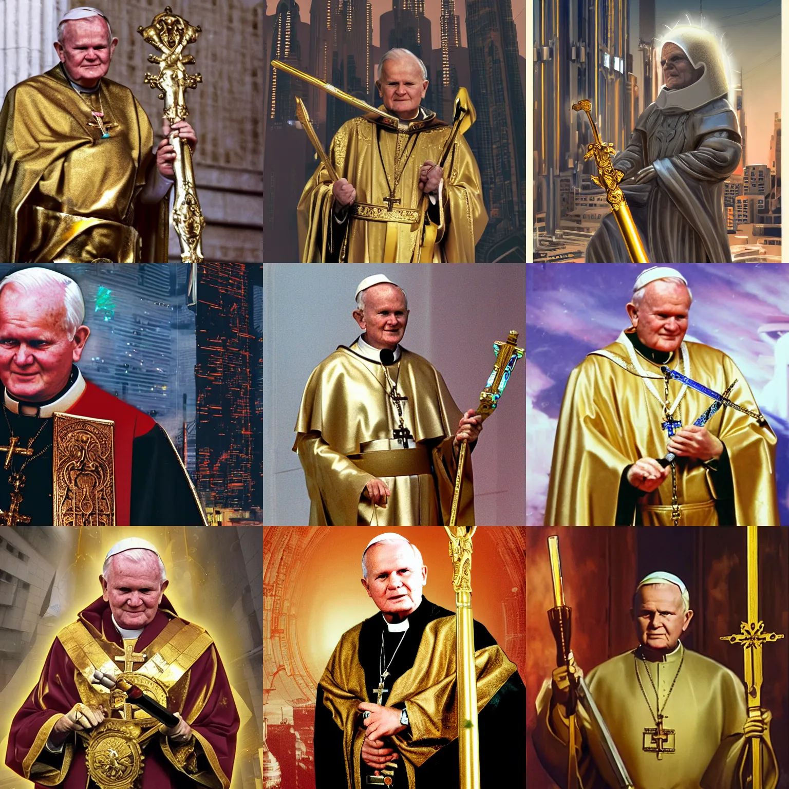 Prompt: John Paul II with a golden sword in a cyberpunk city