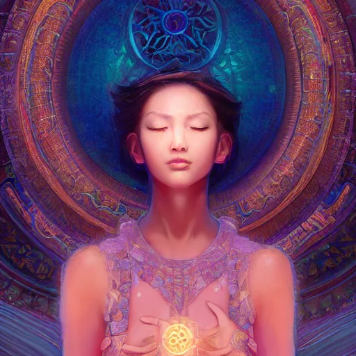 Image similar to Art station concept of a beautiful girl kneeling in front of a religious shrine, Hypnosis, Trance, symmetrical face, smooth body features, by Stanley Artgerm Lau, WLOP, Rossdraws, James Jean, Andrei Riabovitchev, Marc Simonetti, and Sakimichan, trending on artstation