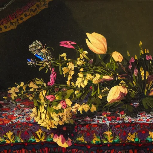 Prompt: still life of wildflowers and cyborg body parts, on a table with an ornate patterned tablecloth, beautiful painting by lucien levy - dhurmer, moody lighting