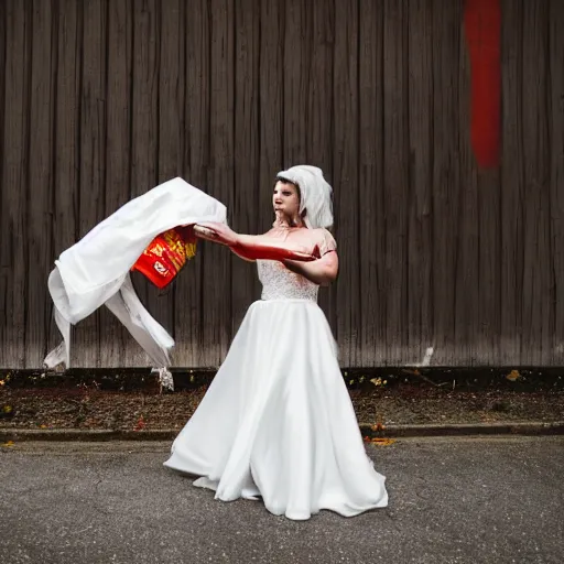 Image similar to evil bearded man in wedding dress attacking with a bottle of sriracha