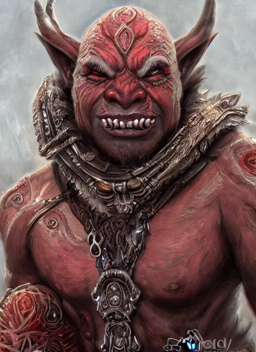 Image similar to red skin, orc, smiling, beautiful detailed eyes, cute, fantasy, intricate, elegant, highly detailed, digital painting, 4k, HDR, concept art, detailed jewelry, smooth, sharp focus, illustration, by Wayne Reynolds