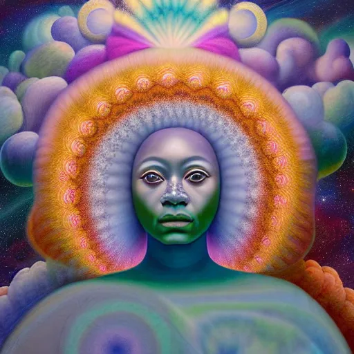 Image similar to obatala the cosmic god sitting in a cabana made of nebula clouds, by Adi granov and afarin sajedi and amanda sage and evgeni gordiets and Agostino Arrivabene in a psychedelic portrait style, ultrarealistic matte painting, volumetric lighting, fractal, extremely symmetrical, highly detailed face, orisha, 8k, hd