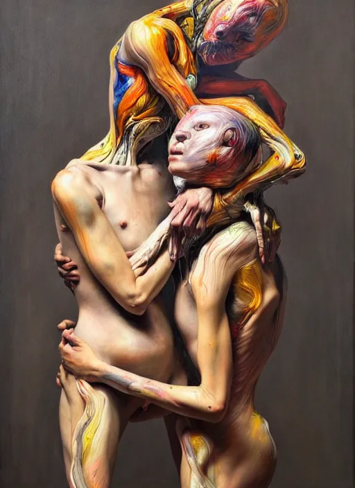 Image similar to a strange, biomorphic painting of two humanoid figures entwined, in the style of jenny saville, in the style of charlie immer, part by gerhard richter, highly detailed, dramatic, emotionally evoking, head in focus, volumetric lighting, oil painting, timeless disturbing masterpiece