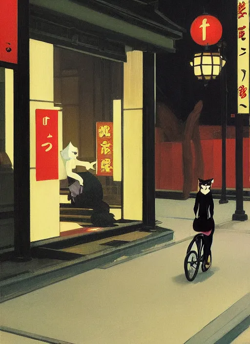 Prompt: woman with cat ears riding a black wolf on the night street of Tokyo by Edward Hopper and James Gilleard, highly detailed