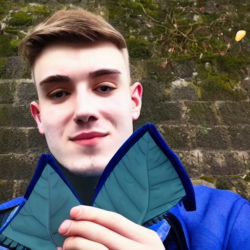 Image similar to A Selfie by a scottish 20 year old man infront of leaves filling the screen. Blue jacket wearing man with short hair and short facial hair. Short bearded man with brown hair. HD stunning photograph by Canon. Looking directly towards camera this man with a triangular thin shape and thin nose is off center to the left of the frame.