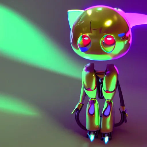 Image similar to kawaii robot cat, 3D character very realistic, very colourful, cinematic lighting, soft neon, octane render, trending on Artstation