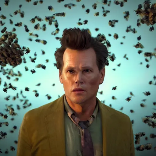 Image similar to hyperrealistic dslr film still of ace ventura pet detective stung by millions of bees, stunning 8 k octane comprehensive 3 d render, inspired by istvan sandorfi & greg rutkowski & unreal engine, perfect symmetry, dim volumetric cinematic lighting, extremely hyper - detailed, extremely lifelike attributes & lifelike texture, intricate, masterpiece, artstation, stunning