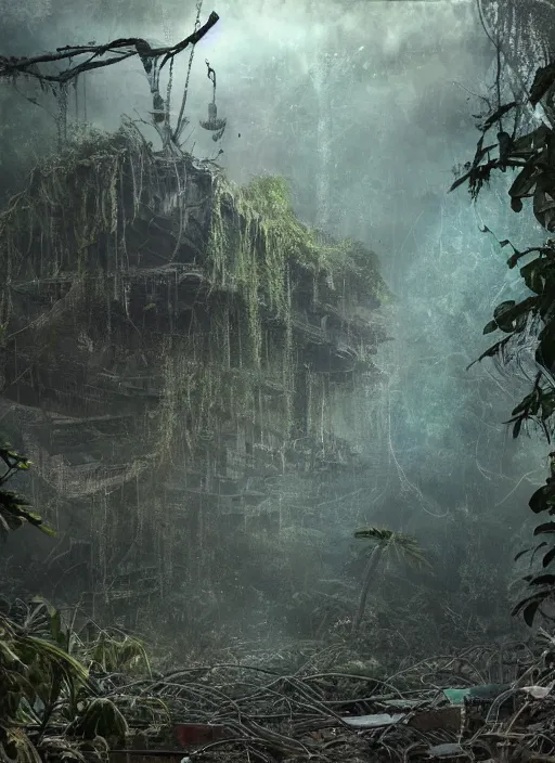 Image similar to decayed aircraft carrier USS Nimitz laying on the ground of a tropical forest, overgrown with vegetation, rust, hanging vines, post appocalyptic, by Luis Royo, by Greg Rutkowski, dark, gritty, intricate, cover illustration, concept art, volumetric lighting, volumetric atmosphere, sharp focus, octane render, trending on artstation, 8k