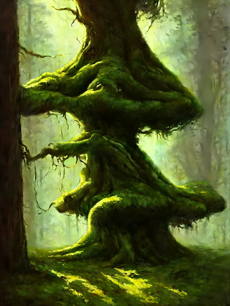 Image similar to great fat tree with a moss in the woods by bayard wu, anna podedworna, gaston bussiere, greg rutkowski