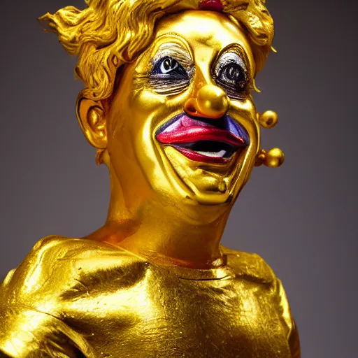 Image similar to a photo of a detailed golden statue of a Clown, 8K,