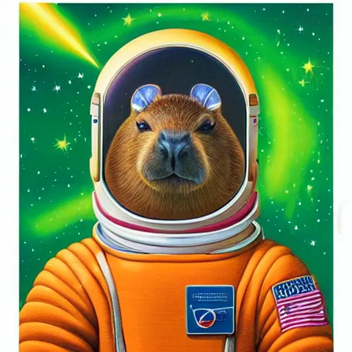 Image similar to beautiful detailed and adorable portrait of a capybara astronaut in a spacesuit by casey weldon by mark ryden by thomas blackshear, super cute, new contemporary, pop surrealism, oil painting