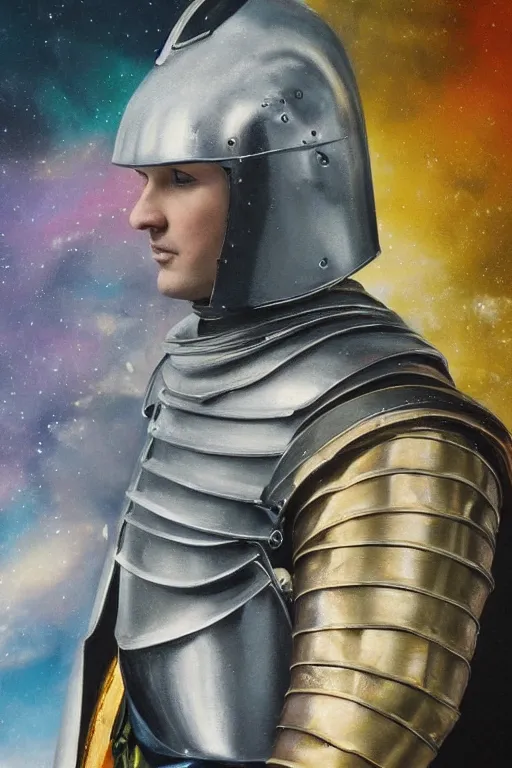 Image similar to hyperrealism oil painting, close - up portrait of caucasian medieval fashion model, knight, steel gradient mixed with nebula sky, in style of baroque mixed with 7 0 s japan book art