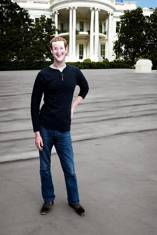 Image similar to A beautiful gold stone statue of Mark Zuckerberg in front of White House, photo by Steve McCurry, heroic pose, detailed, smooth, smiling, professional photographer