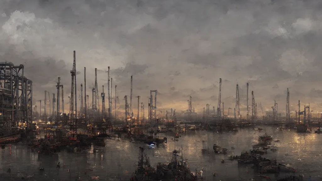 Prompt: Panorama view of sea port harbor with cranes, tall buildings, warehouses, papyrus, watercolored, jakub rozalski, dark colours, dieselpunk, artstation