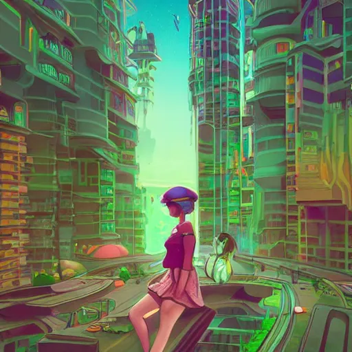 Image similar to lofi girl, utopian city, solarpunk