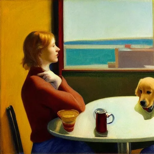 Prompt: golden retriever puppy sitting at a diner drinking a cup of coffee, looking melancholy, Edward Hopper