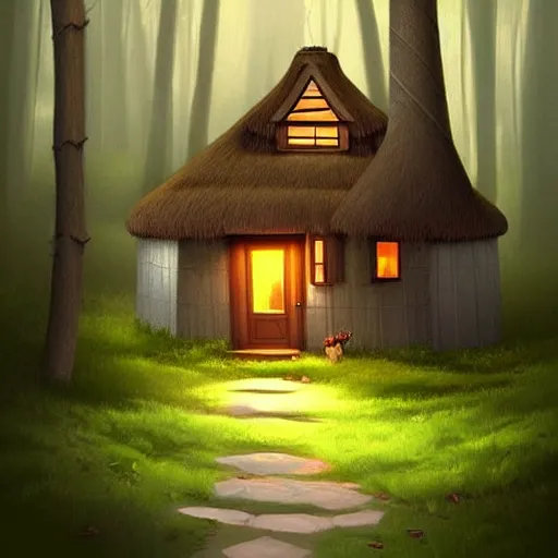 Prompt: a cottage in the woods with a giant notepad door, trending on artstation, detailed digital art, aesthetic!!!!,