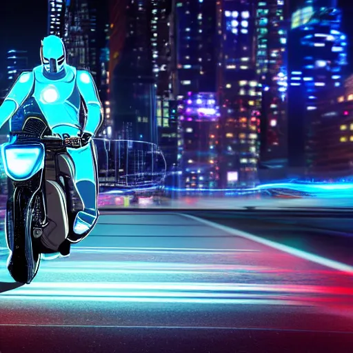 Image similar to a cyber man driving a futuristic neon motorcycle fast on a urban road in the nighttime, digital art, realistic, detailed, mysterious, dramatic, cinematic